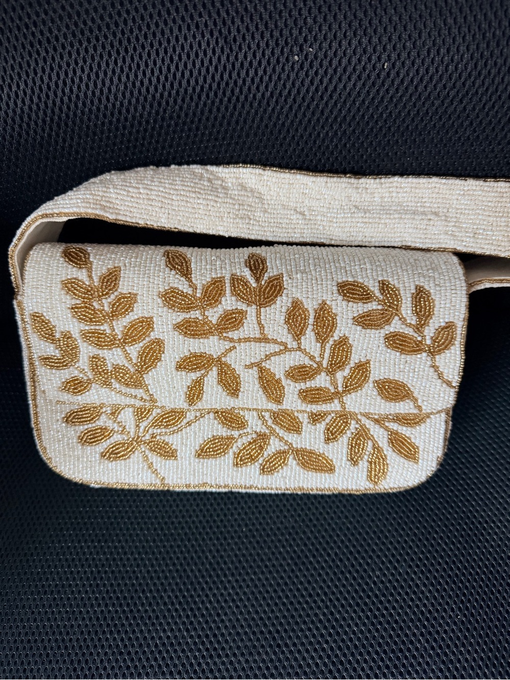 Elegant Cream Beaded clutch purse with Gold Leaf Embroidery